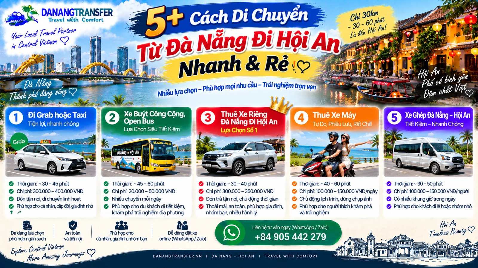 5+ cách di chuyển từ Đà Nẵng đi Hội An nhanh và rẻ bằng taxi, bus, xe riêng, xe máy và xe ghép