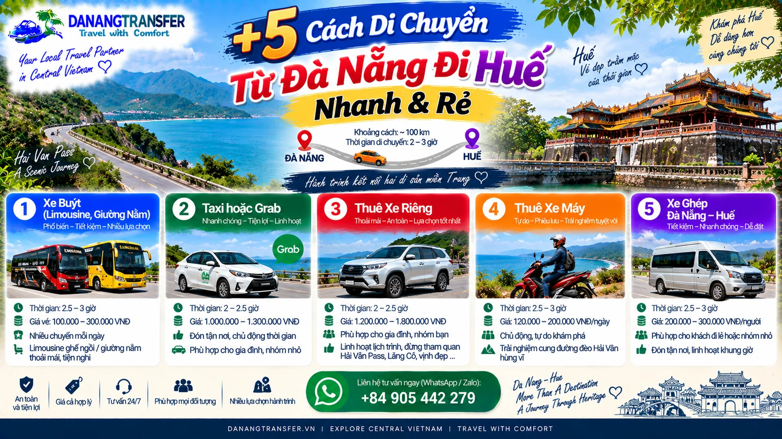 5+ cách di chuyển từ Đà Nẵng đi Huế nhanh và rẻ bằng xe buýt, taxi, xe riêng, xe máy và xe ghép