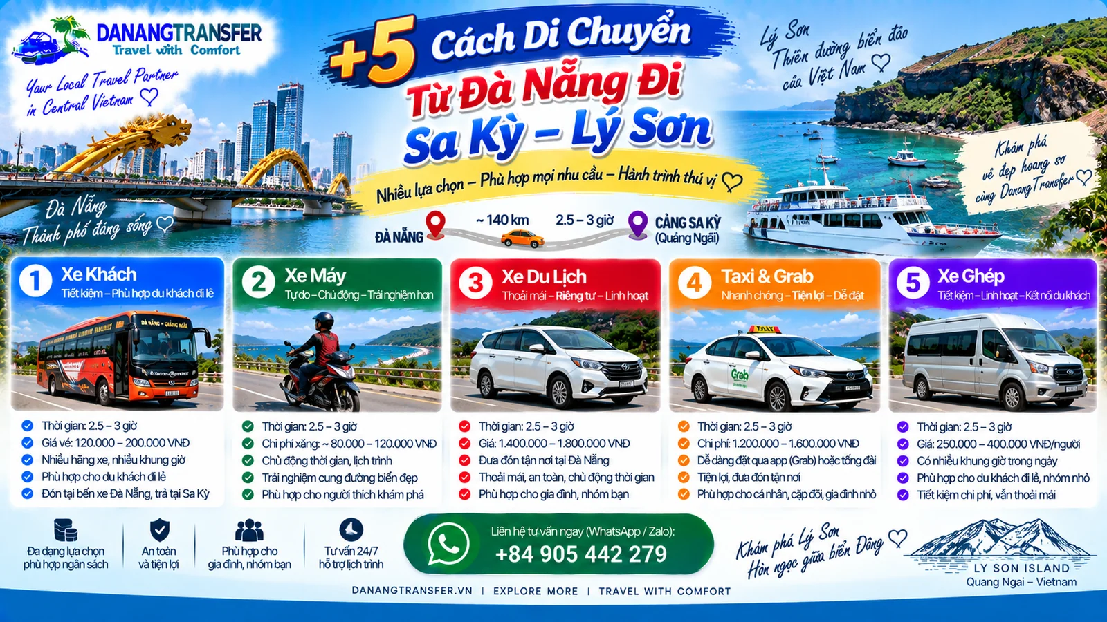 5+ cách di chuyển từ Đà Nẵng đi Sa Kỳ Lý Sơn bằng xe khách, xe máy, xe du lịch, taxi Grab và xe ghép