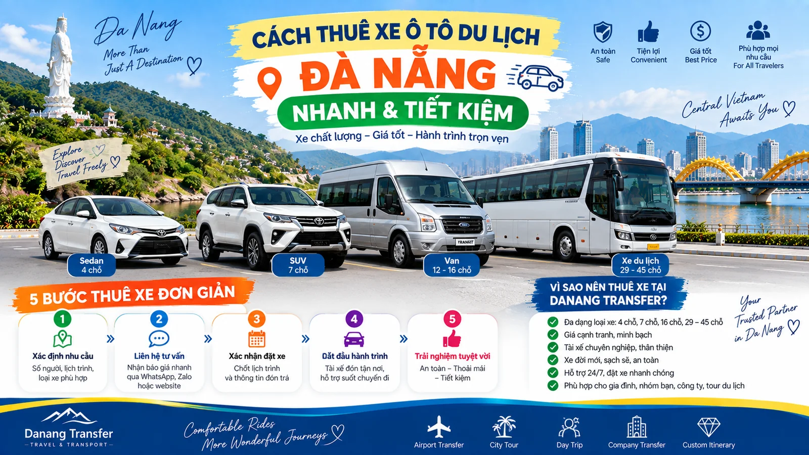 Cách thuê xe ô tô du lịch Đà Nẵng nhanh và tiết kiệm với xe 4 chỗ, 7 chỗ, 16 chỗ và xe du lịch
