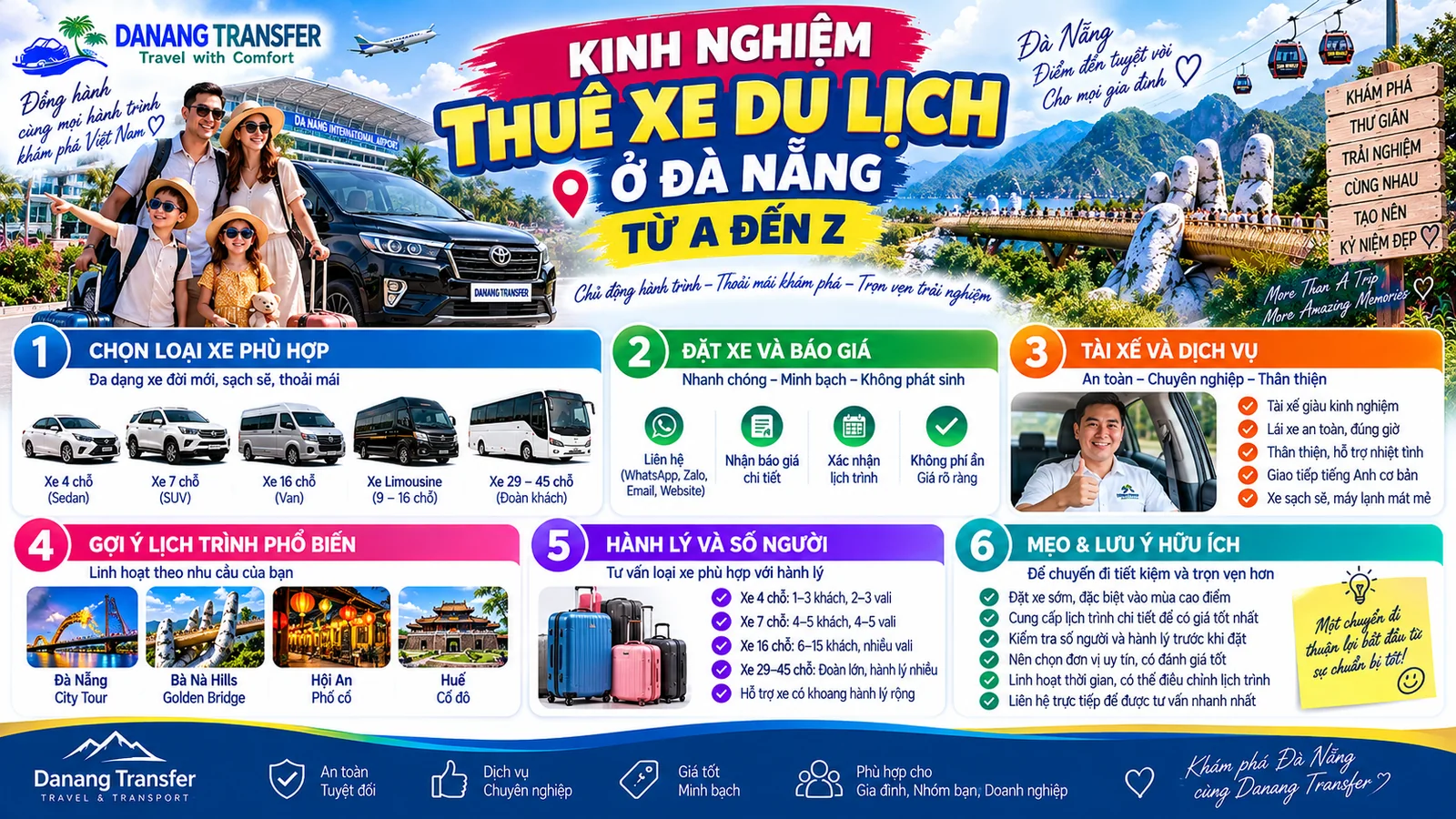 Kinh nghiệm thuê xe du lịch ở Đà Nẵng từ A đến Z với các loại xe và dịch vụ phù hợp
