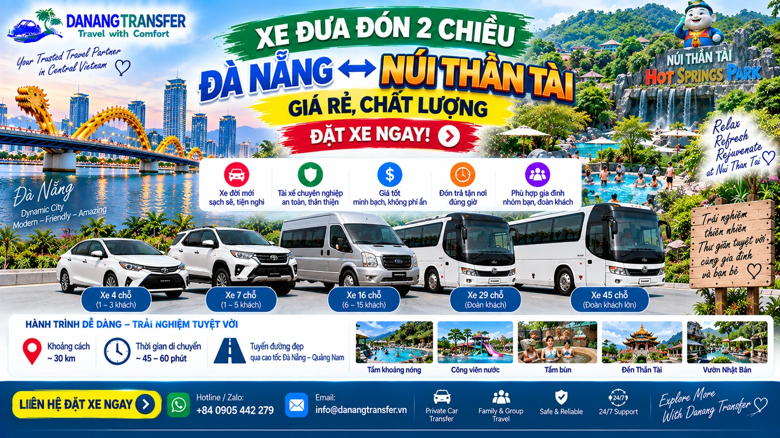 Xe đưa đón 2 chiều Đà Nẵng đi Núi Thần Tài giá rẻ với xe 4, 7, 16, 29 và 45 chỗ