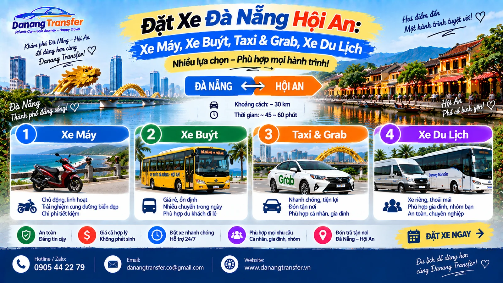 Đặt Xe Đà Nẵng Hội An: Xe Máy, Xe Buýt, Taxi & Grab, Xe Du Lịch