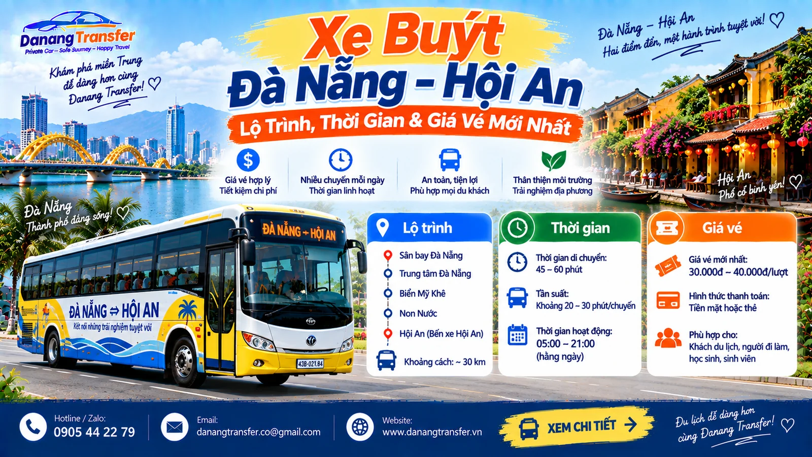 Xe buýt Đà Nẵng Hội An lộ trình thời gian và giá vé mới nhất