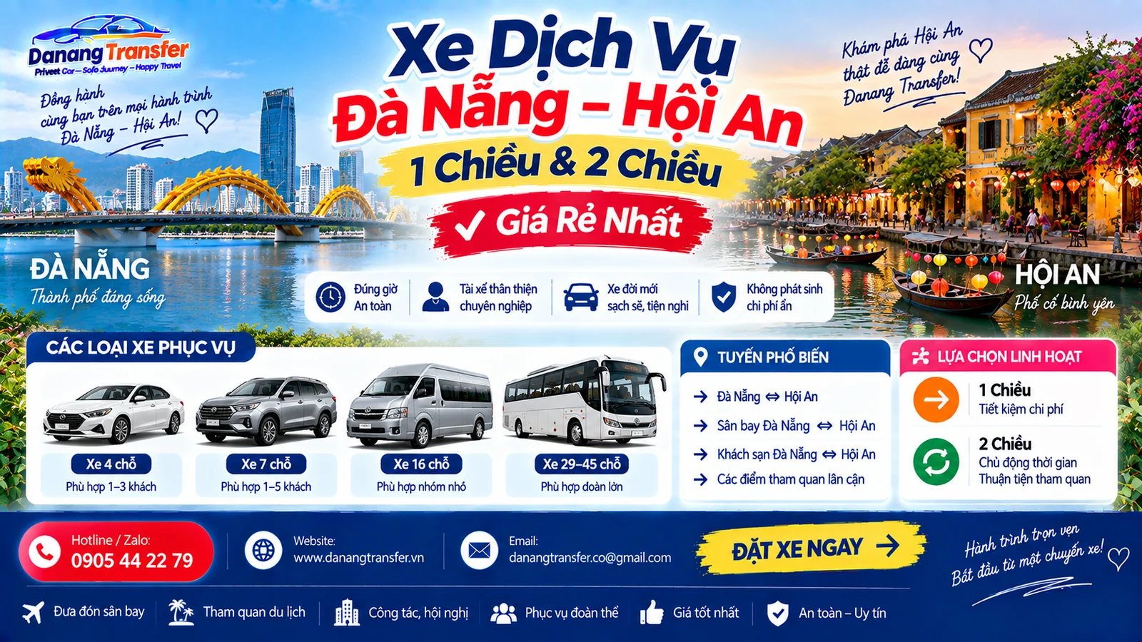 Xe dịch vụ Đà Nẵng Hội An 1 chiều và 2 chiều giá rẻ nhất