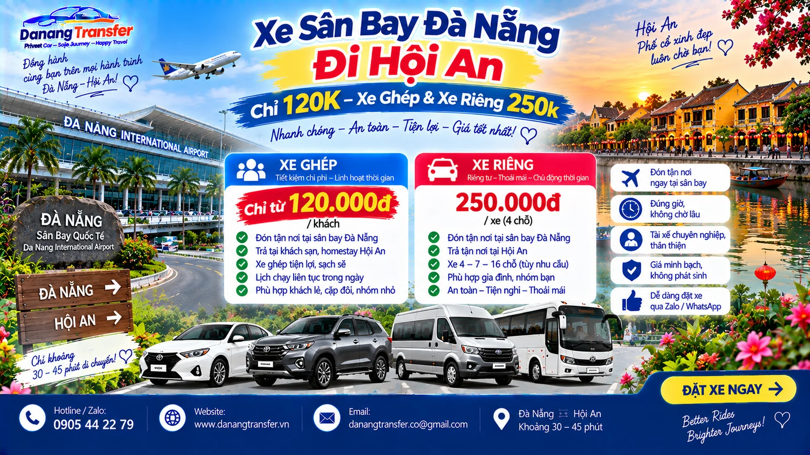 Xe sân bay Đà Nẵng đi Hội An chỉ 120K xe ghép và xe riêng 250K