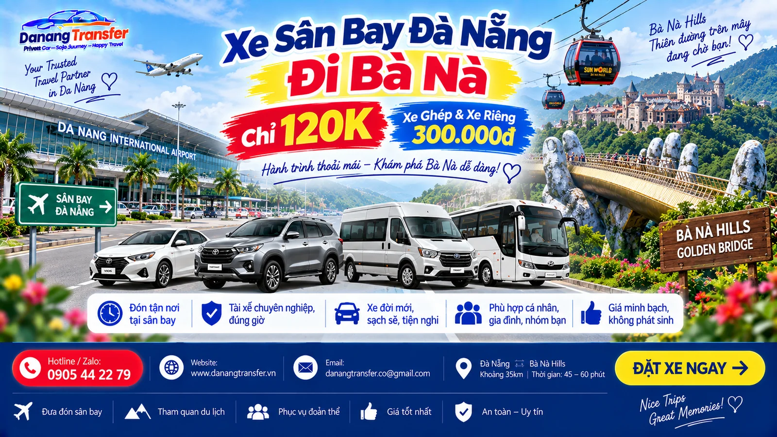 Xe Sân Bay Đà Nẵng Đi Bà Nà Chỉ 120K – Xe Ghép & Xe Riêng 300.000đ