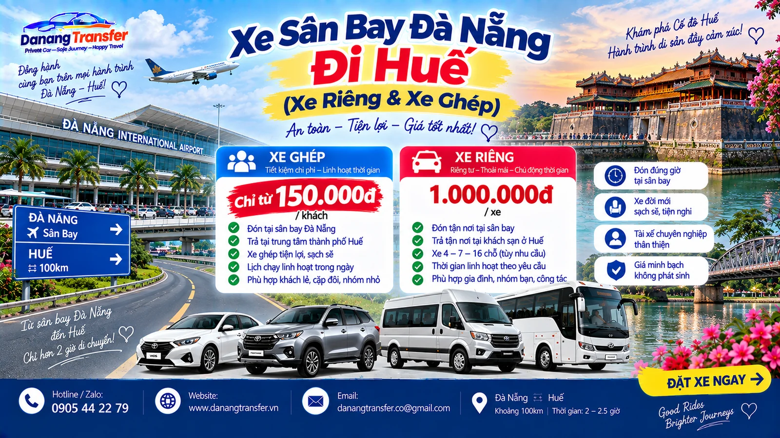Xe sân bay Đà Nẵng đi Huế xe ghép từ 150K và xe riêng 1.000.000đ