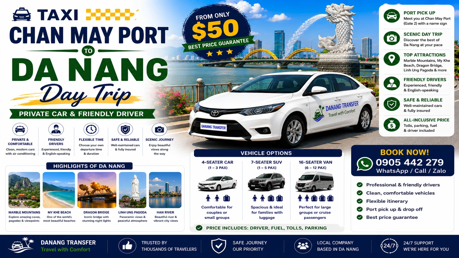Taxi Chan May Port to Da Nang Day Trip – Private Car & Friendly Driver