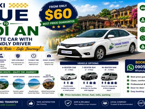 Taxi Hue to Hoi An – Private Car with Friendly Driver from Only $60