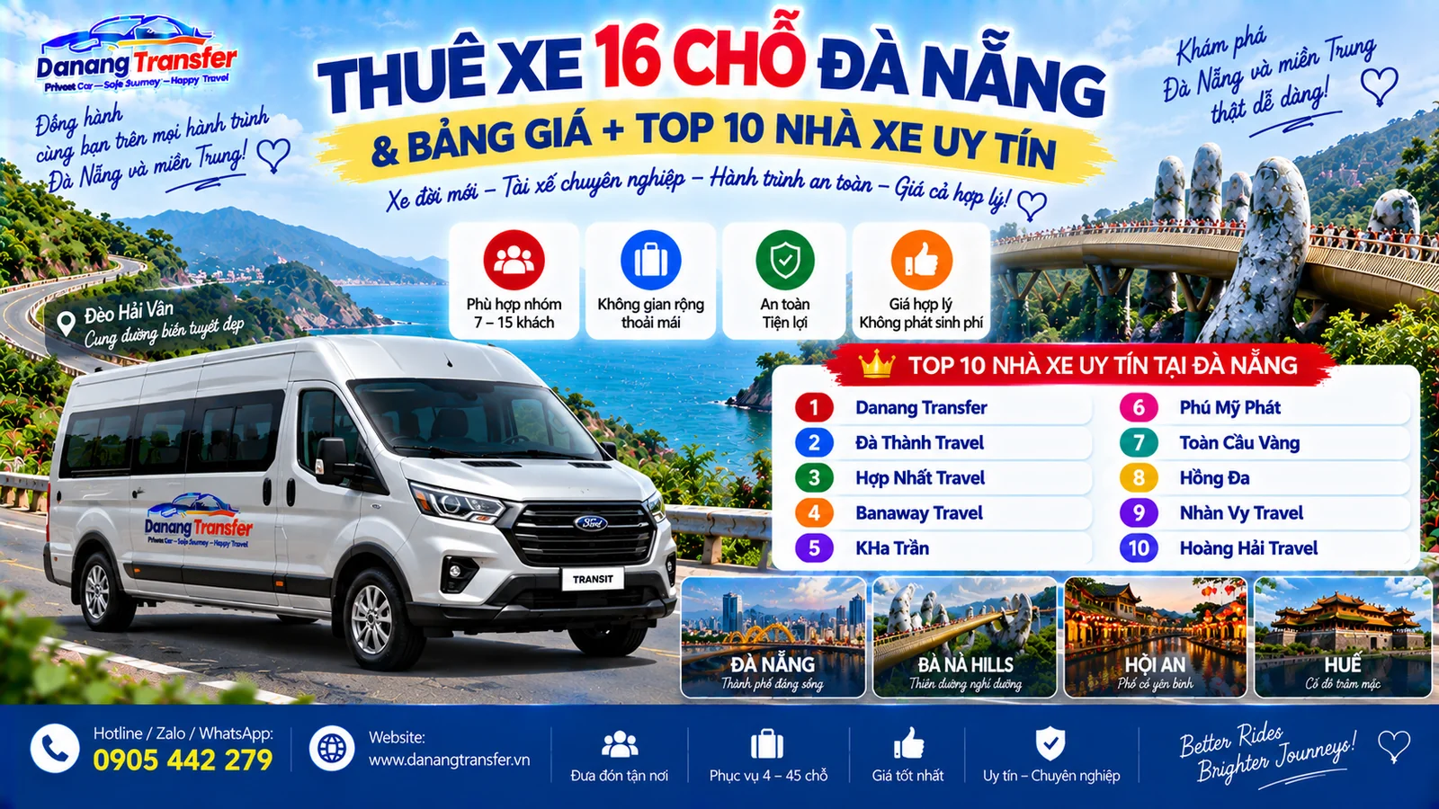 Thuê xe 16 chỗ Đà Nẵng bảng giá và Top 10 nhà xe uy tín