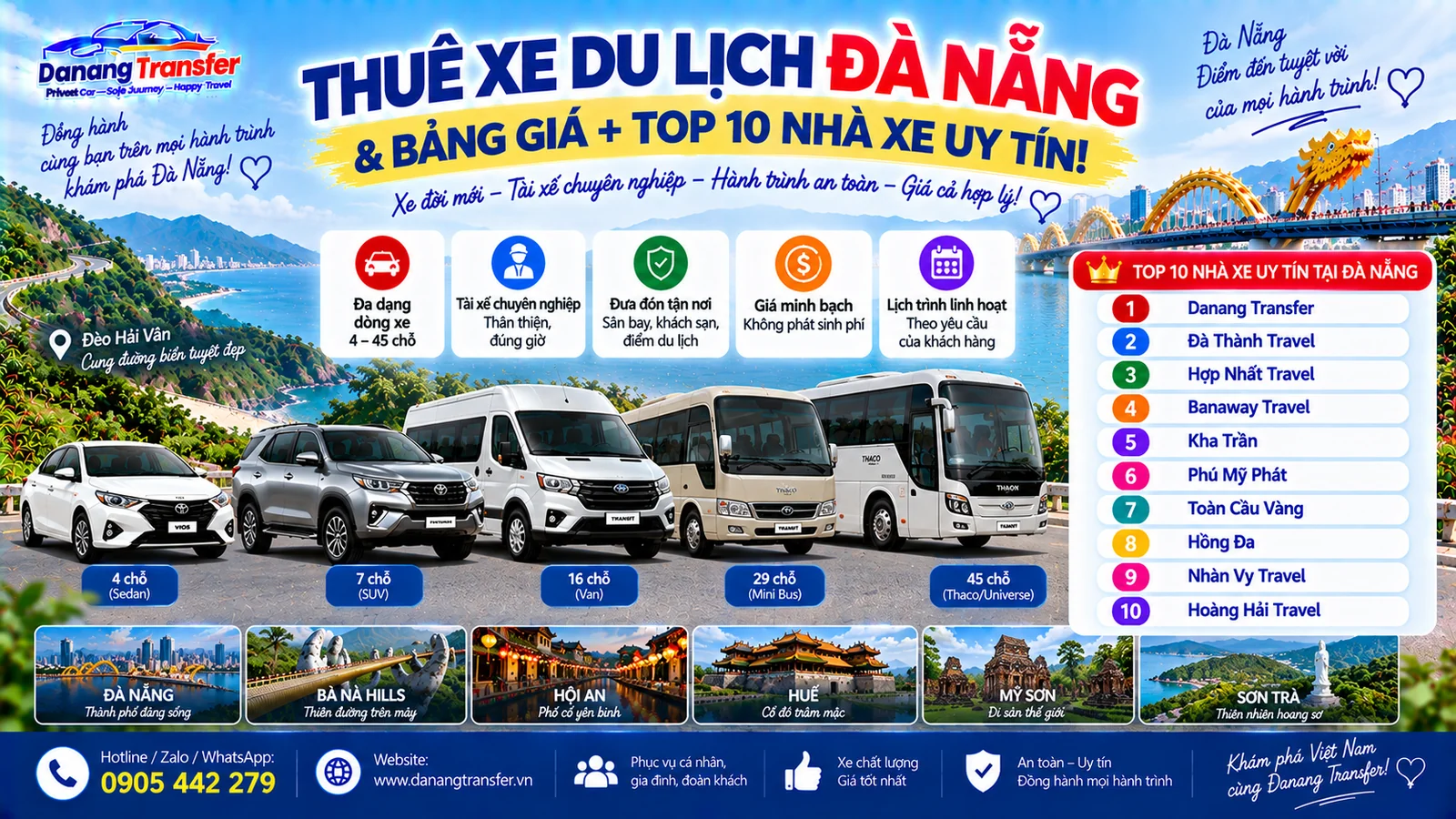 Thuê xe du lịch Đà Nẵng bảng giá và Top 10 nhà xe uy tín