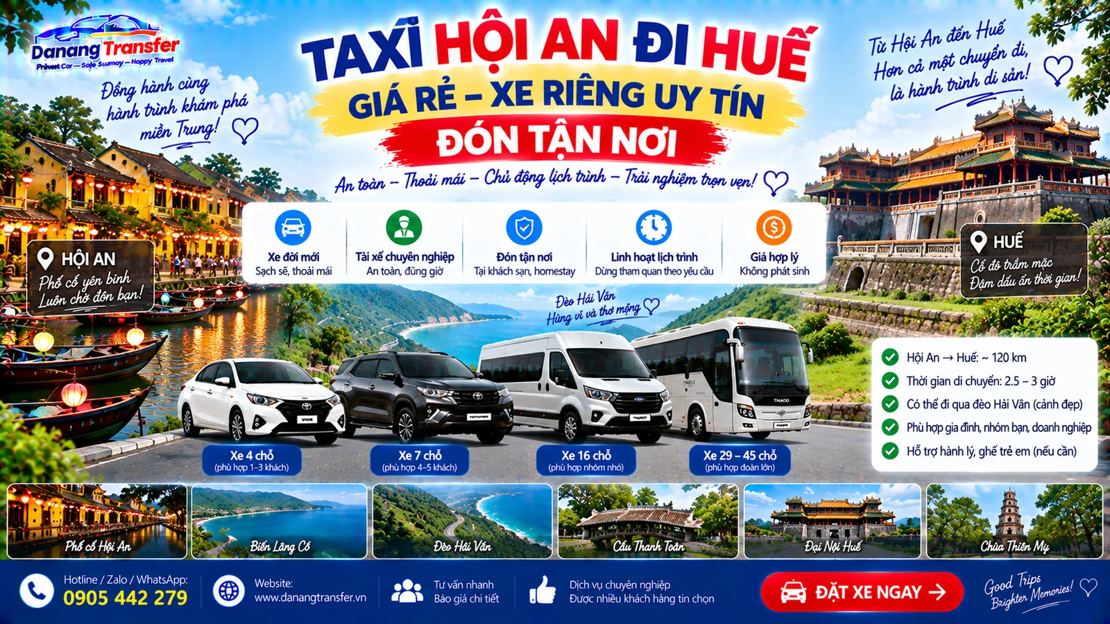 Taxi Hội An đi Huế giá rẻ xe riêng uy tín đón tận nơi