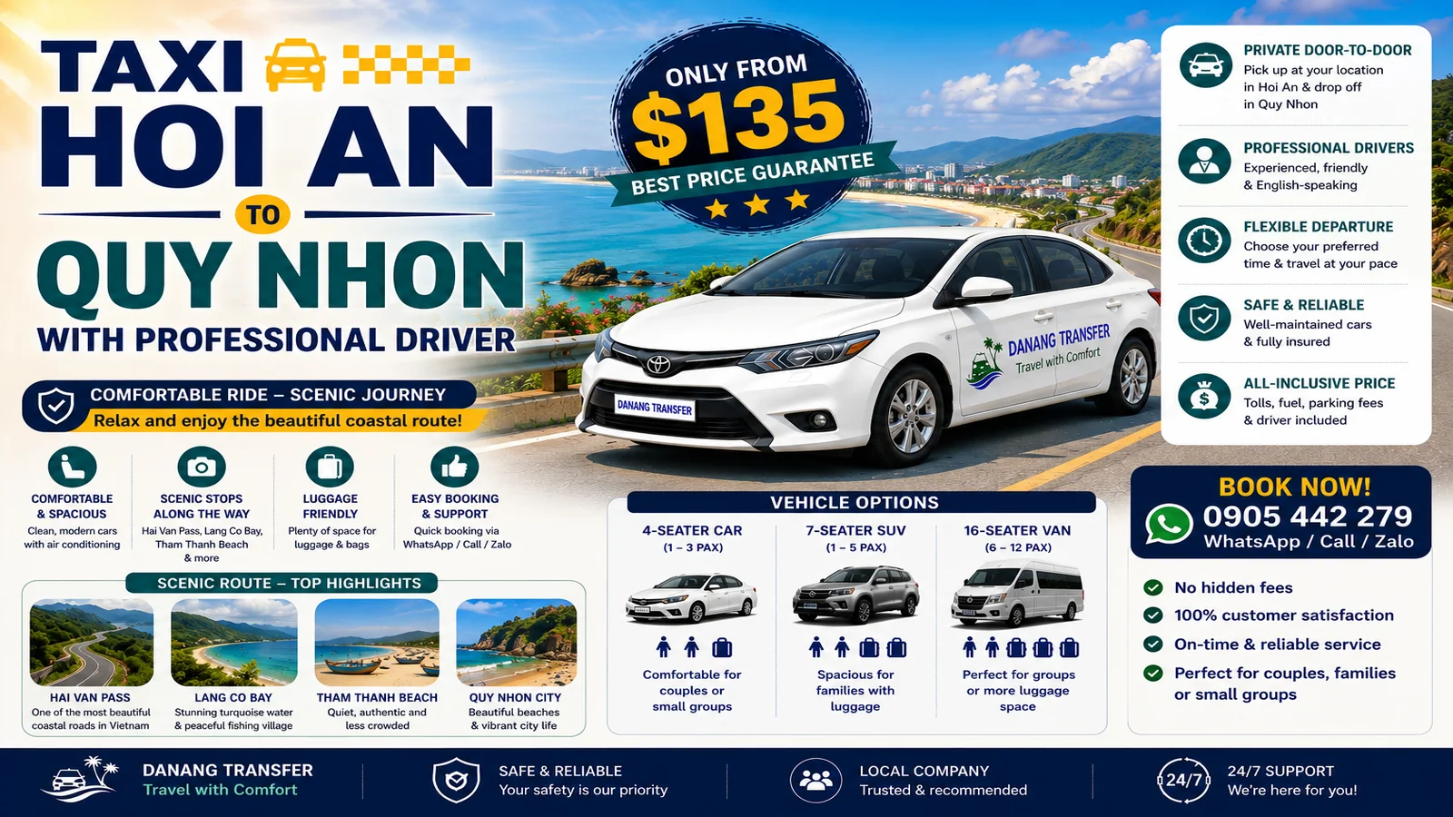 Taxi Hoi An to Quy Nhon with Professional Driver – Only from $135