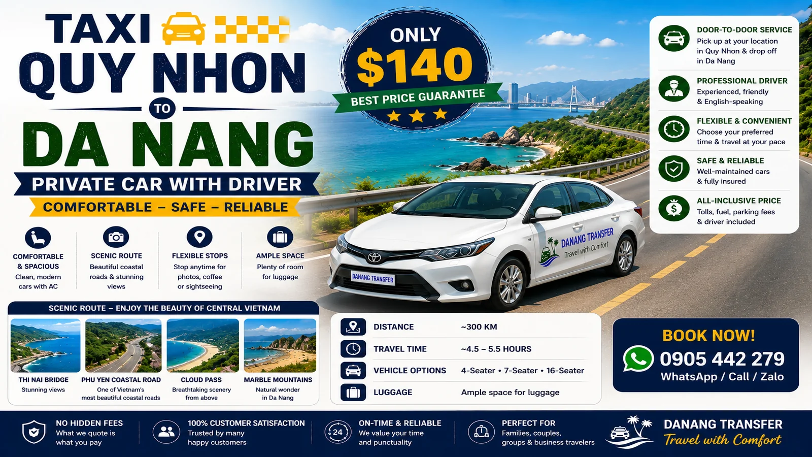 Taxi Quy Nhon to Da Nang – Private Car with Driver Only $140
