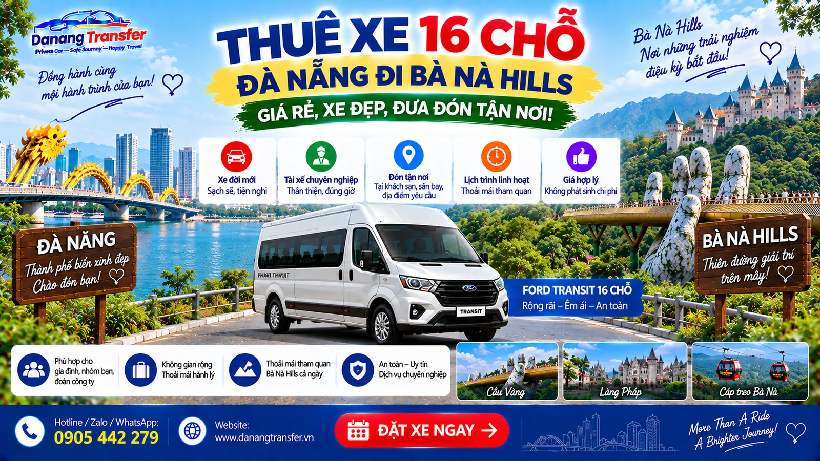 Thuê xe 16 chỗ Đà Nẵng đi Bà Nà Hills giá rẻ xe đẹp đưa đón tận nơi