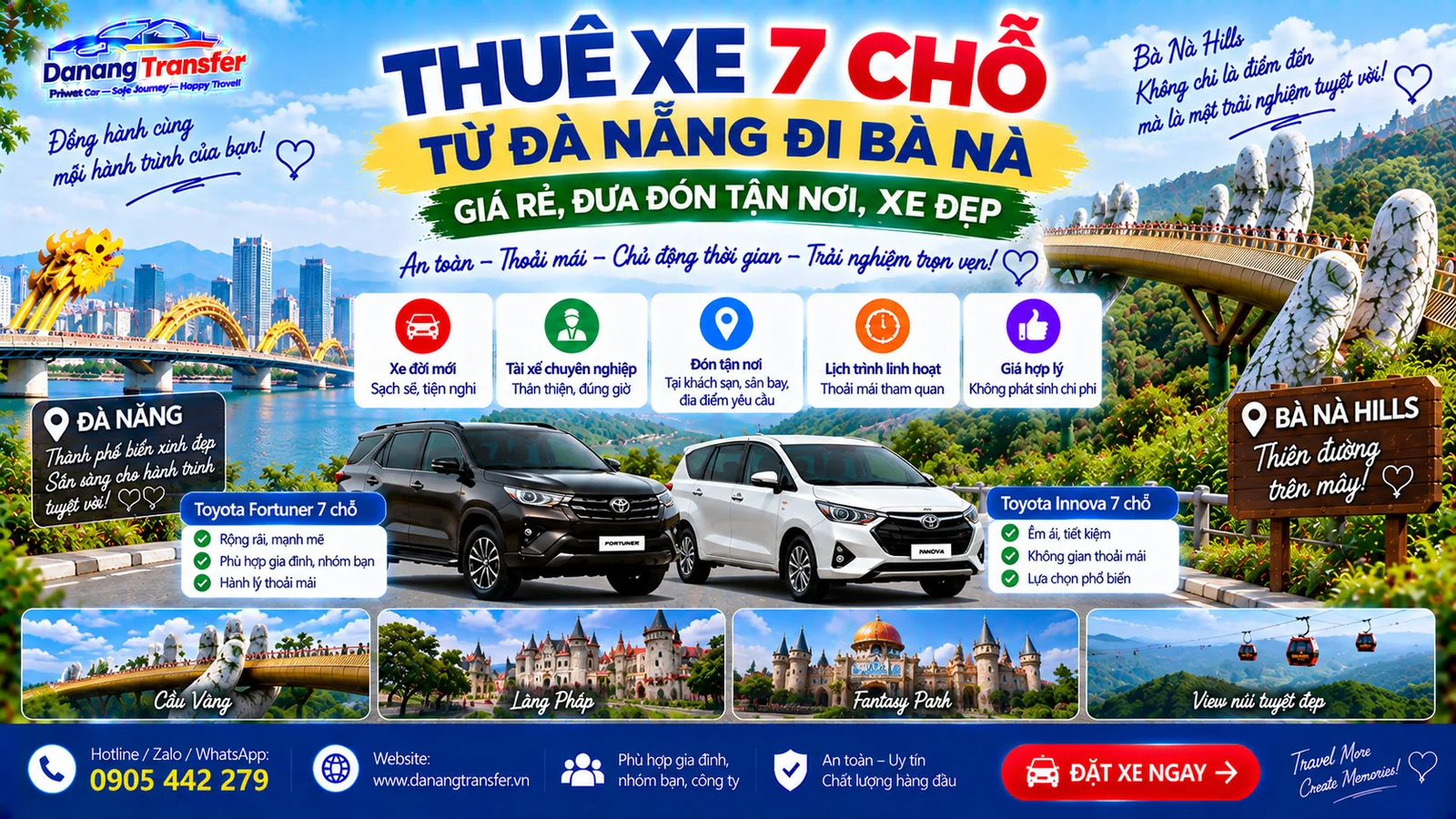 Thuê xe 7 chỗ từ Đà Nẵng đi Bà Nà giá rẻ đưa đón tận nơi xe đẹp