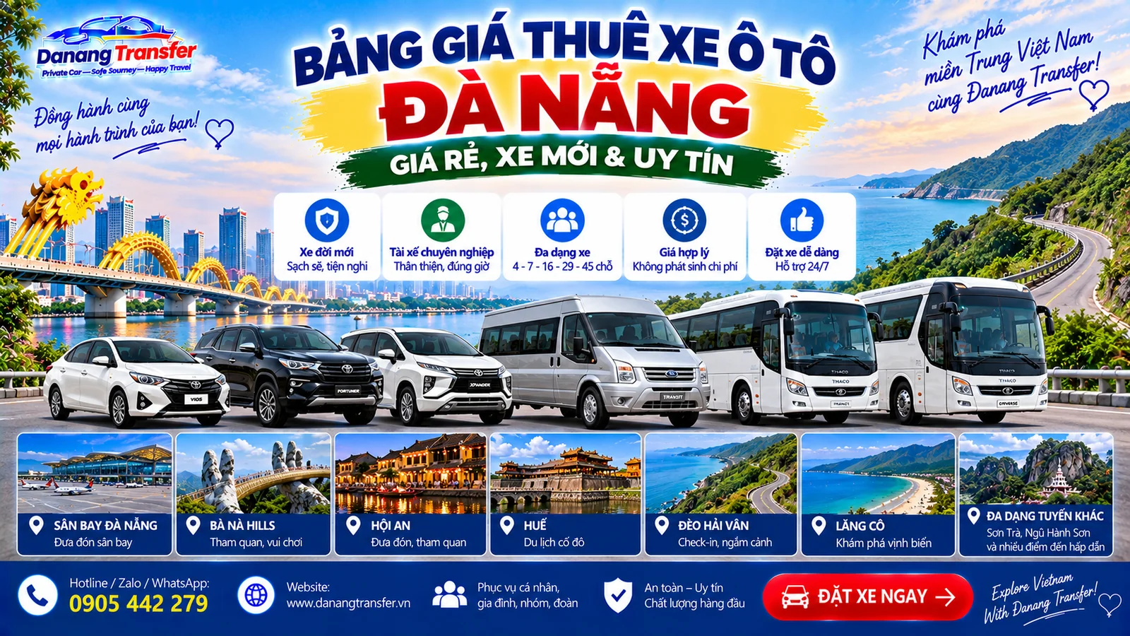 Bảng Giá Thuê Xe Ô Tô Đà Nẵng – Giá Rẻ, Xe Mới & Uy Tín