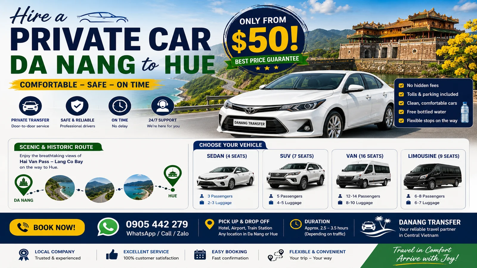 Hire a Private Car Da Nang to Hue – Only from $50!