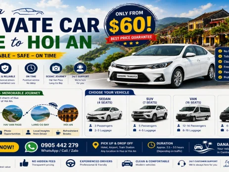 Hire a Private Car Hue to Hoi An – Only from $60!