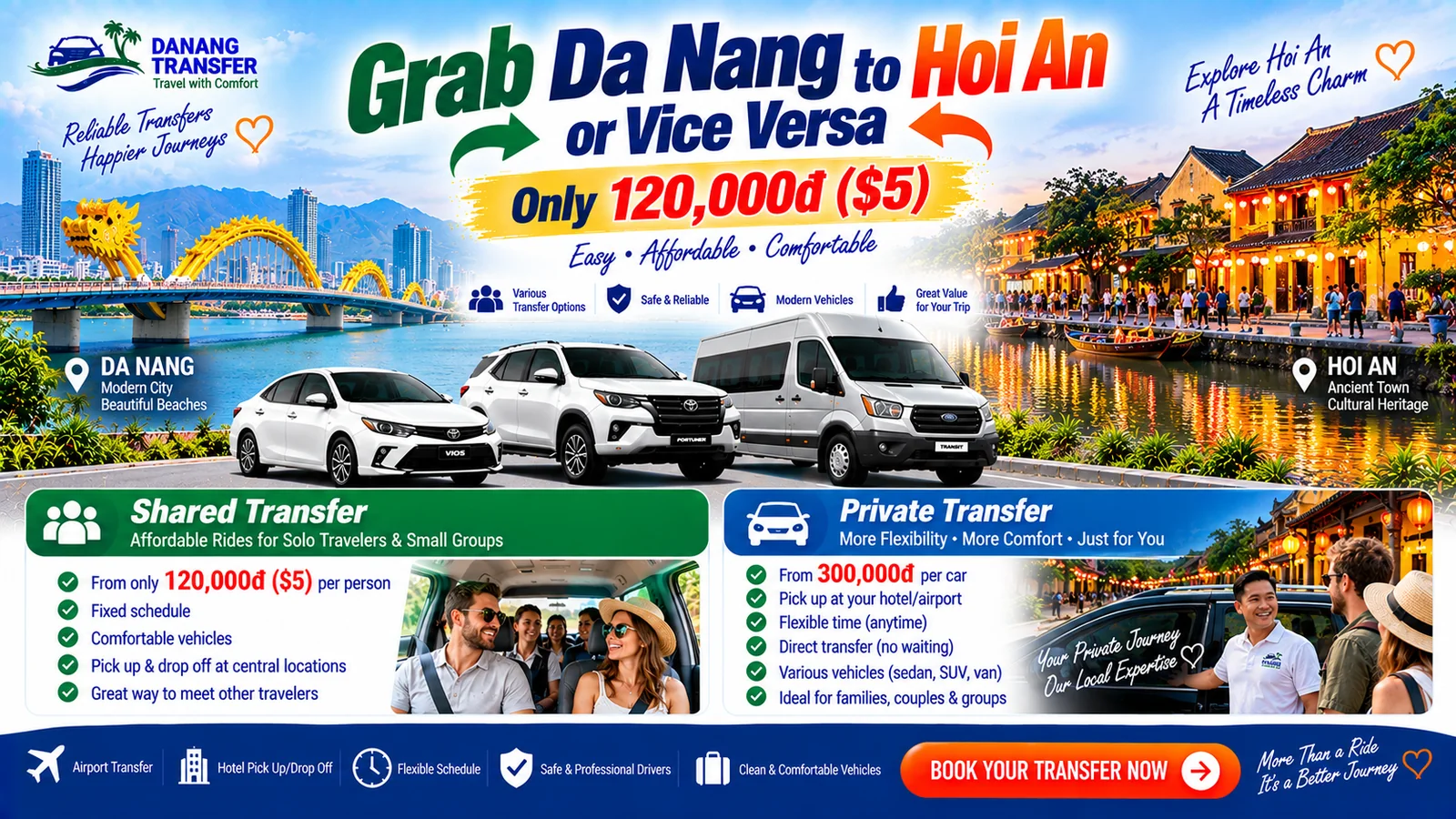 Grab Da Nang to Hoi An or Vice Versa – Shared and Private Transfer from 120,000đ