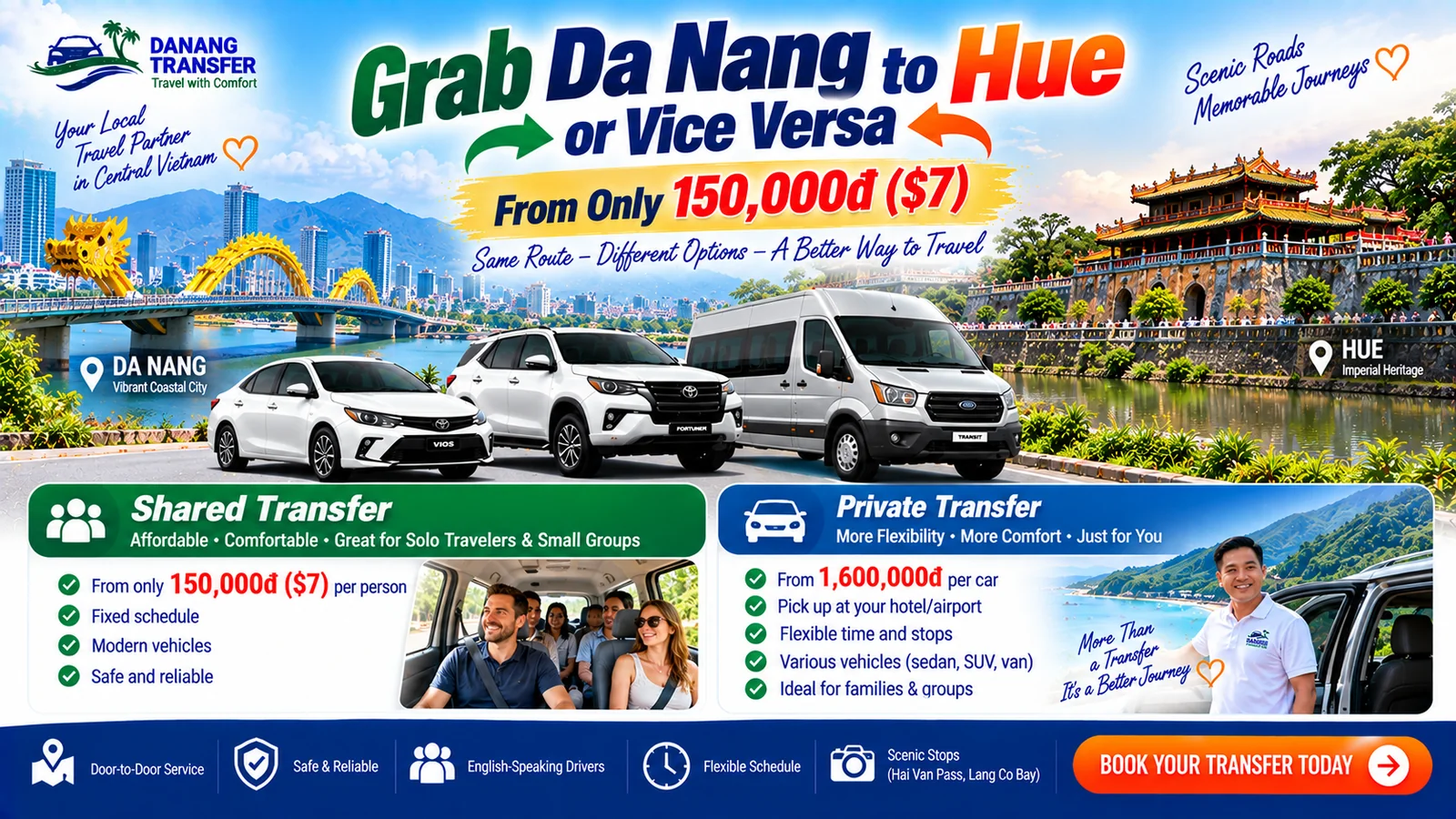 Grab Da Nang to Hue or Vice Versa – Shared and Private Transfer from 150,000đ