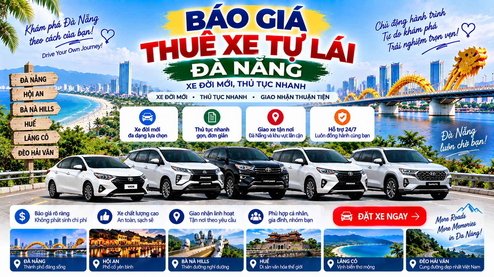 Báo giá thuê xe tự lái Đà Nẵng xe đời mới thủ tục nhanh