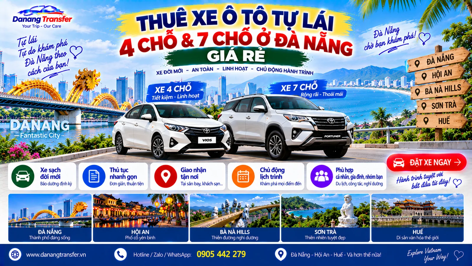 Thuê xe ô tô tự lái 4 chỗ và 7 chỗ ở Đà Nẵng giá rẻ