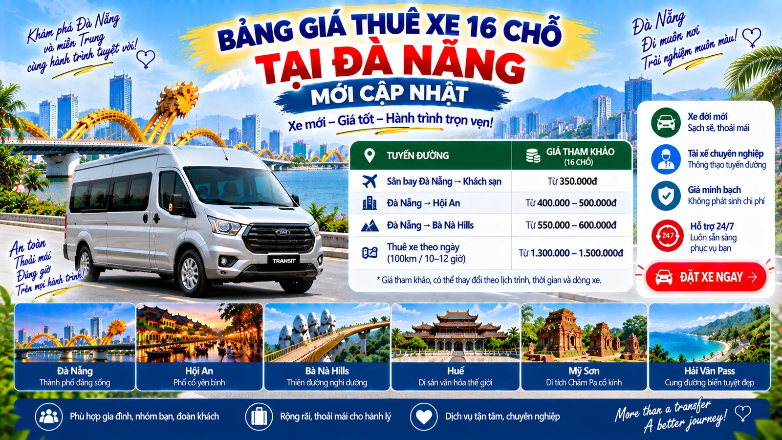 Bảng giá thuê xe 16 chỗ tại Đà Nẵng mới cập nhật