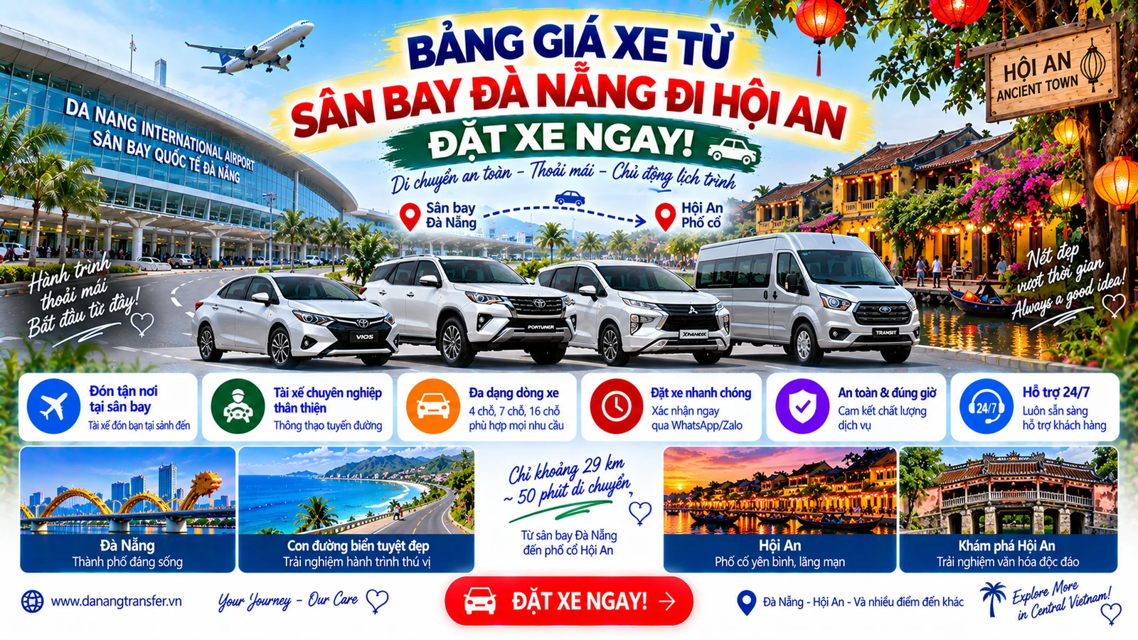Bảng giá xe từ sân bay Đà Nẵng đi Hội An và dịch vụ đặt xe đưa đón