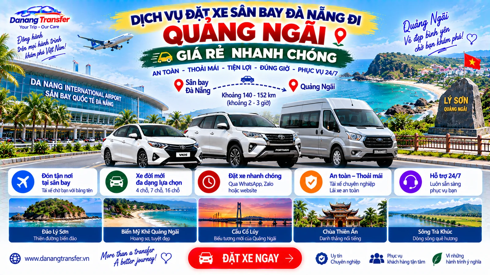 Dịch vụ đặt xe sân bay Đà Nẵng đi Quảng Ngãi giá rẻ nhanh chóng