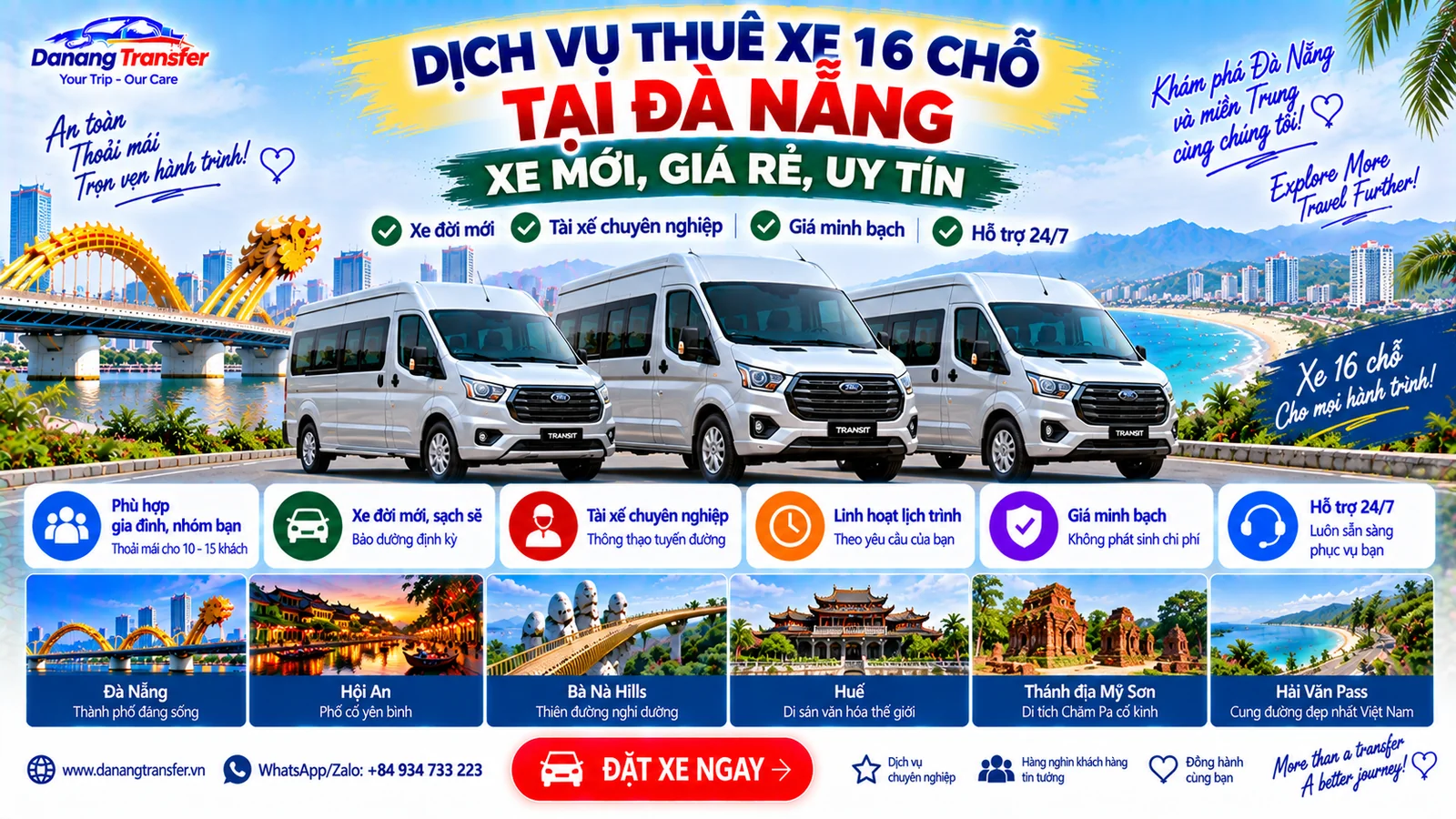 Dịch vụ thuê xe 16 chỗ tại Đà Nẵng xe mới giá rẻ uy tín