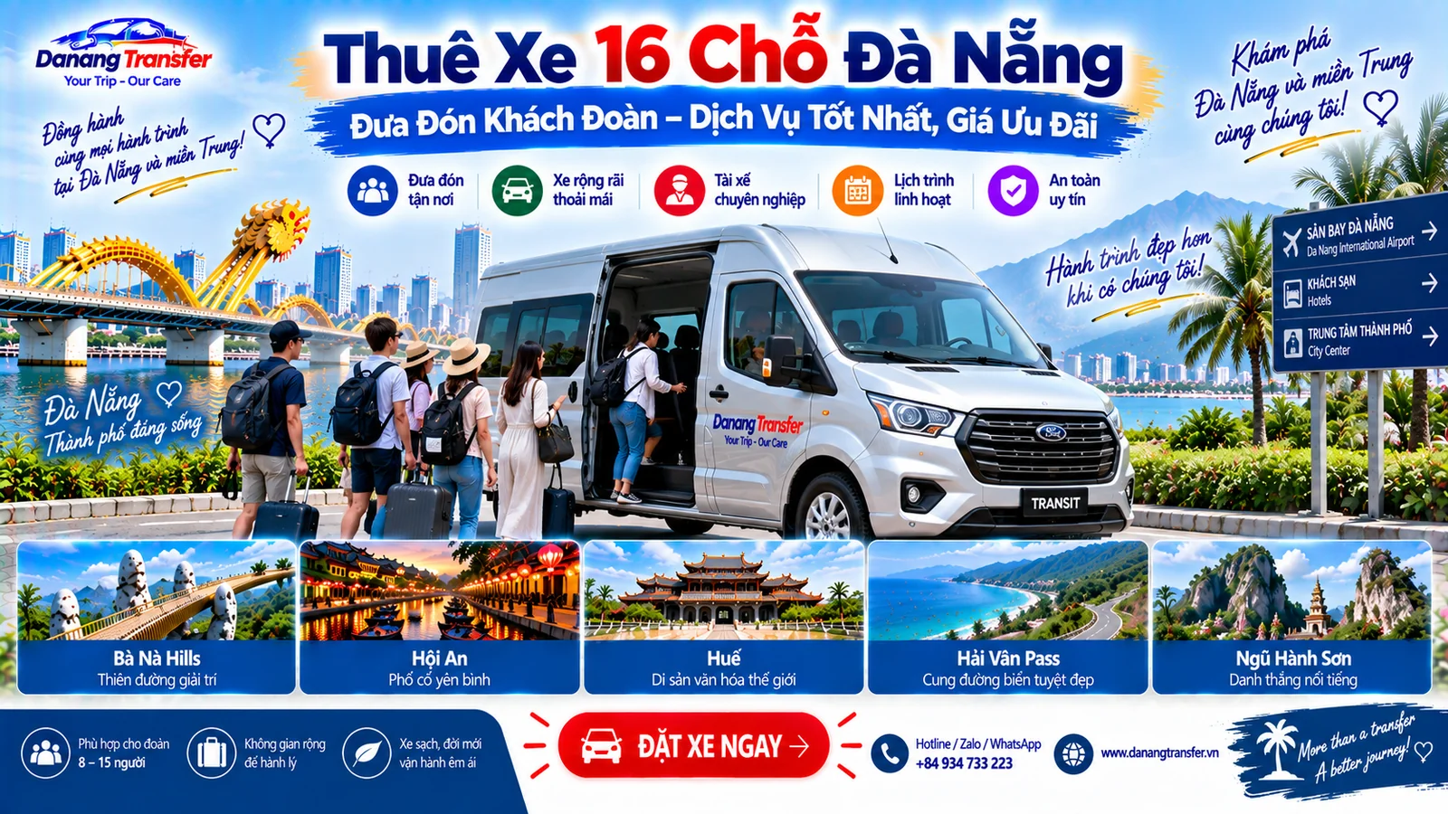 Thuê xe 16 chỗ Đà Nẵng đưa đón khách đoàn – dịch vụ tốt nhất, giá ưu đãi