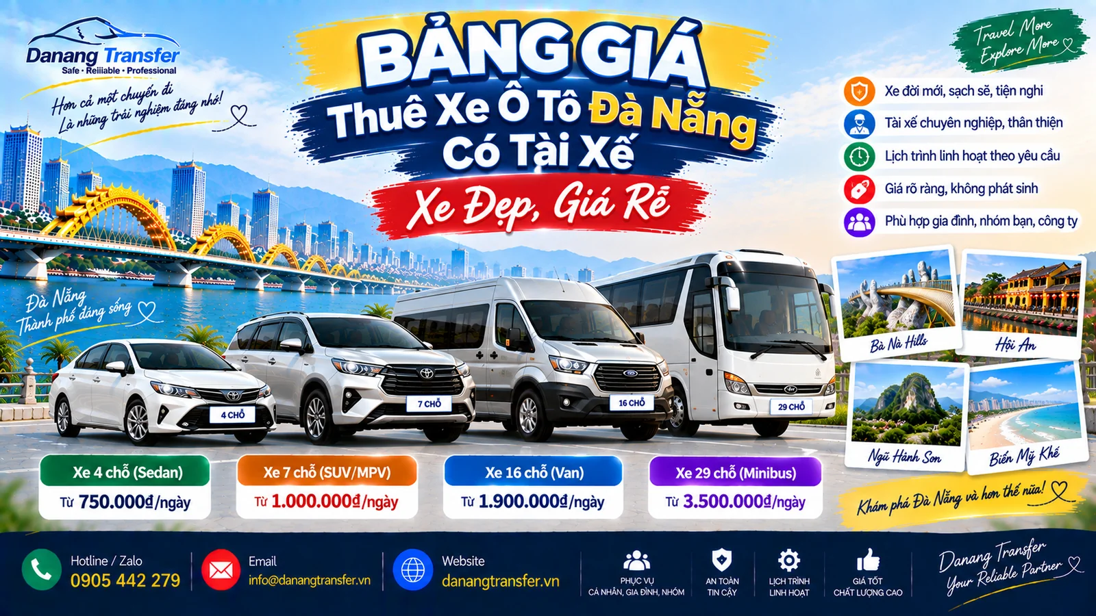 Bảng giá thuê xe ô tô Đà Nẵng có tài xế xe đẹp giá rẻ - Danang Transfer