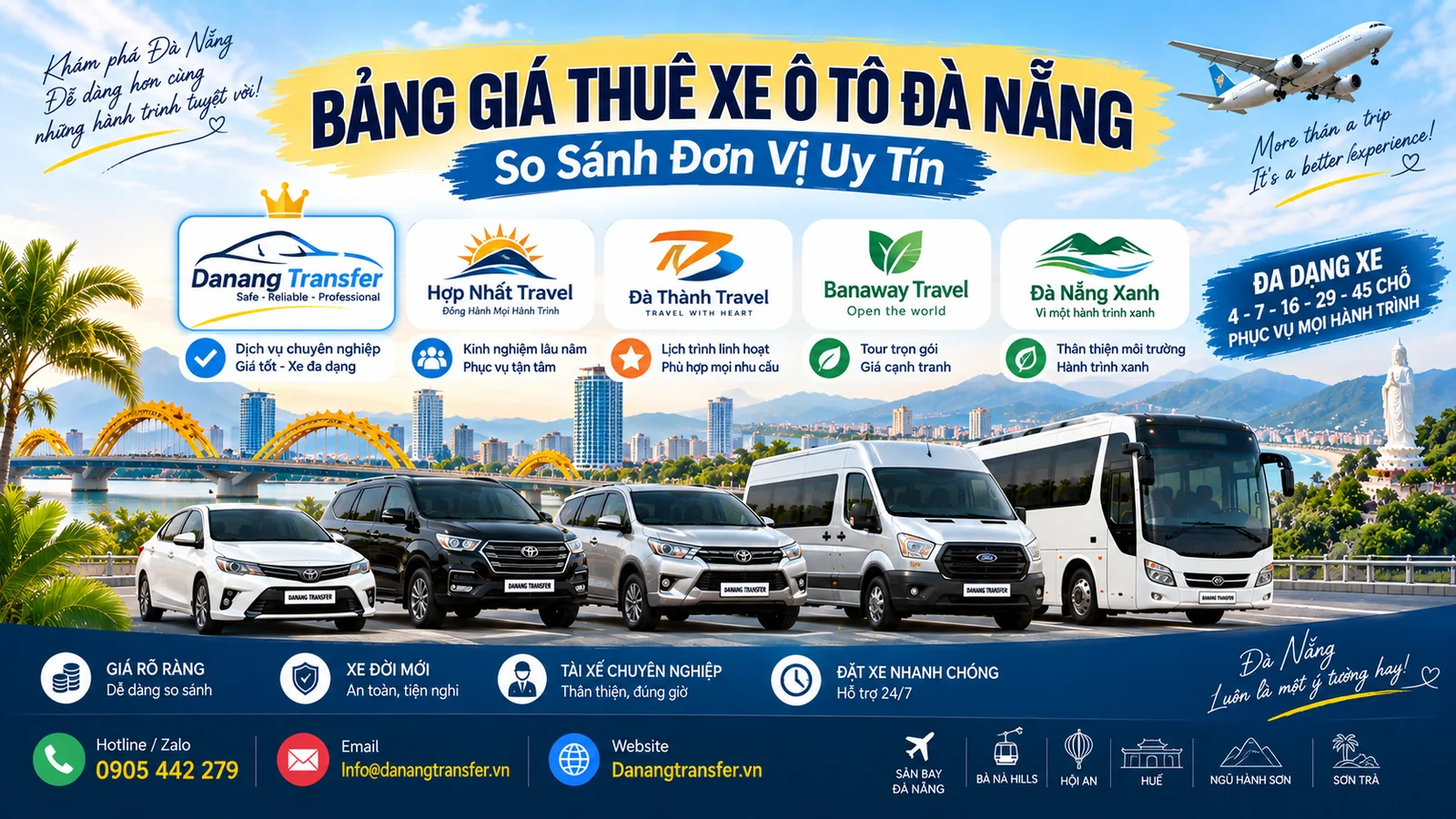 Bảng giá thuê xe ô tô Đà Nẵng so sánh các đơn vị uy tín Danang Transfer, Hợp Nhất Travel, Đà Thành Travel, Banaway Travel và Đà Nẵng Xanh