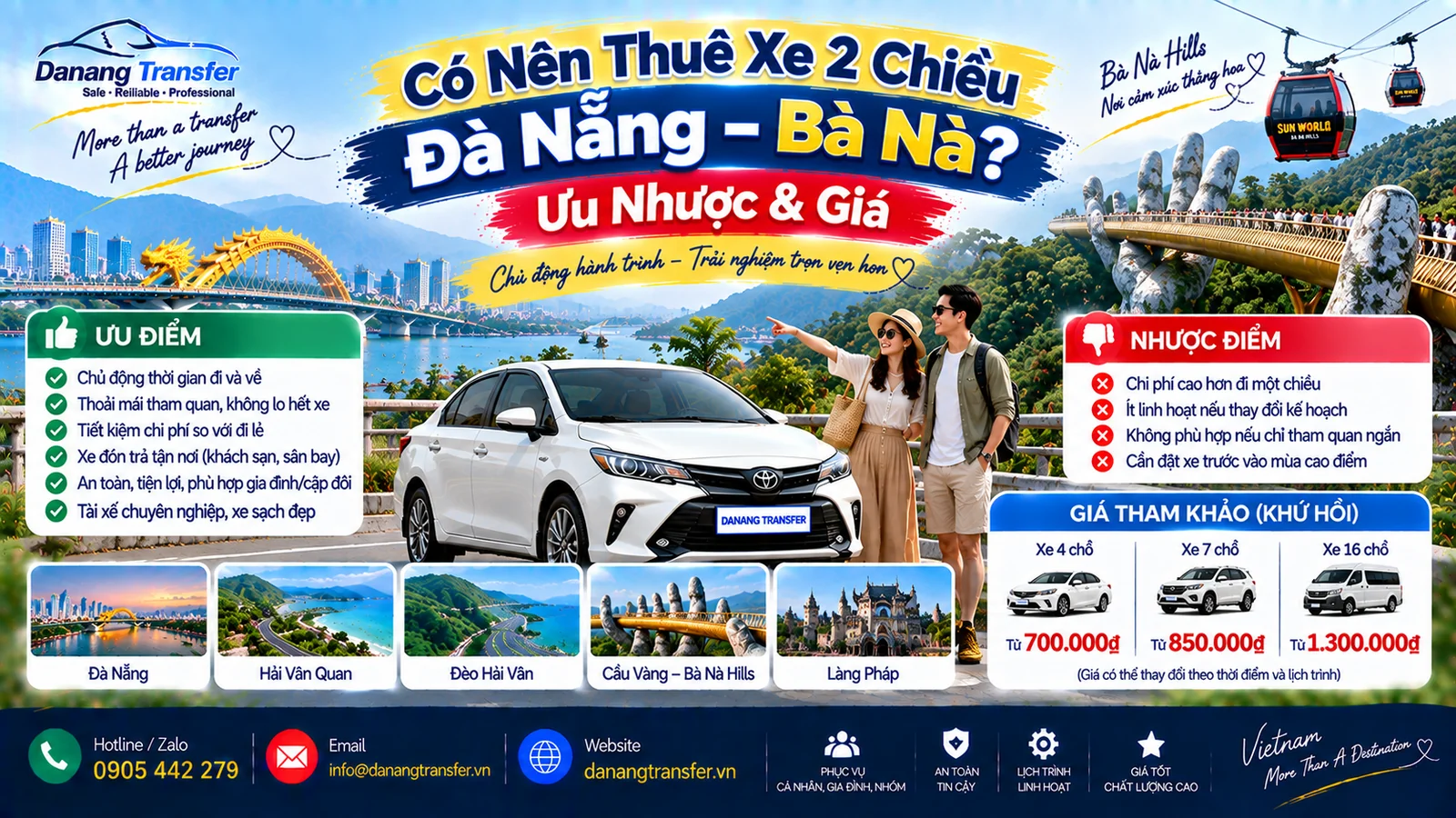 Có nên thuê xe 2 chiều Đà Nẵng Bà Nà ưu nhược điểm và giá