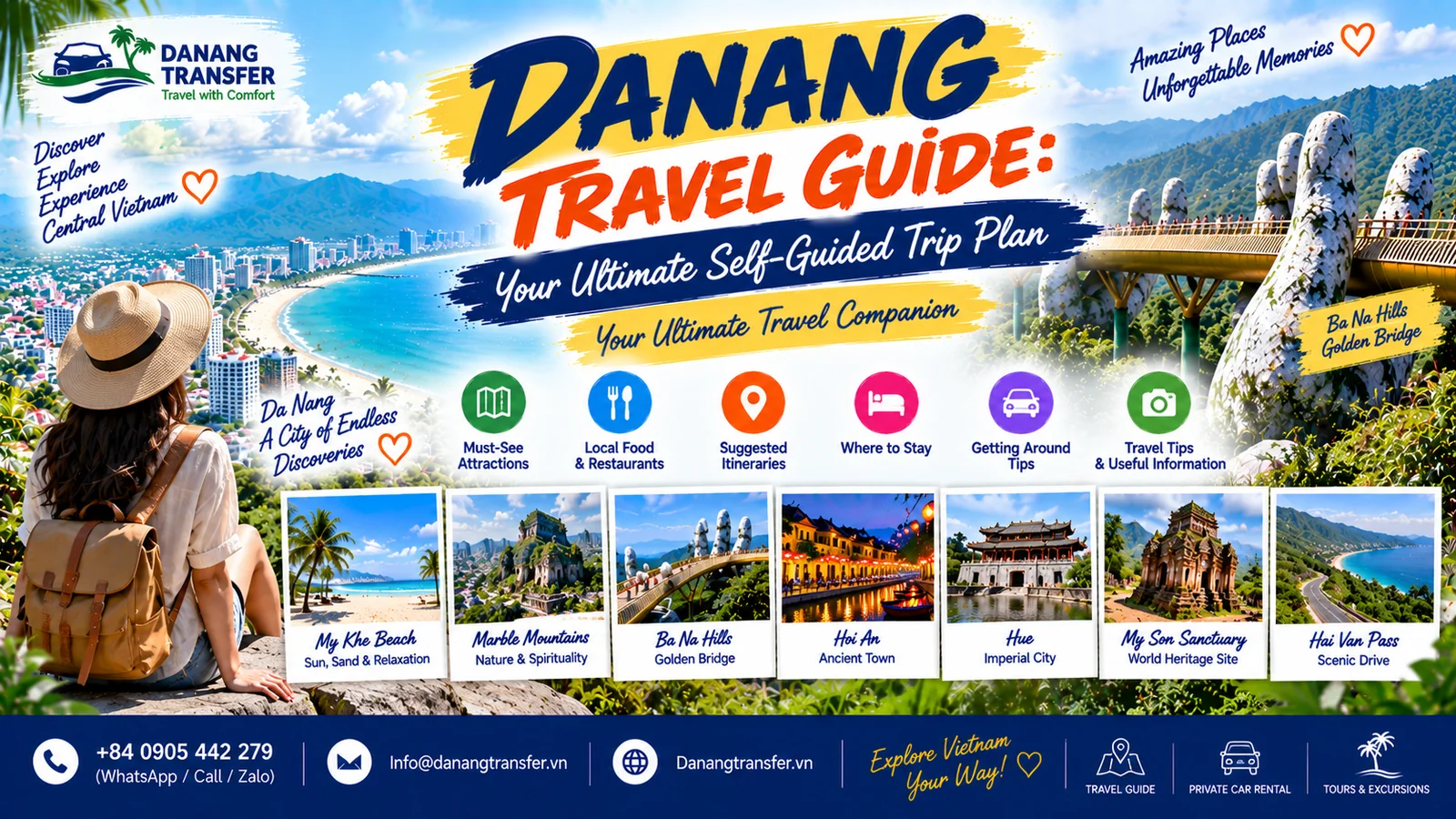 Danang travel guide with a self-guided trip plan featuring My Khe Beach, Marble Mountains, Ba Na Hills, Hoi An, Hue and My Son