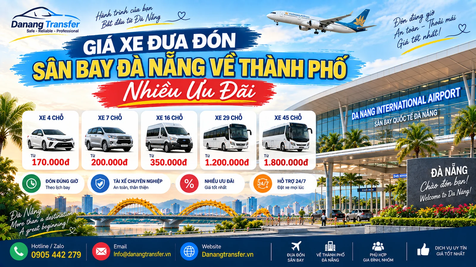 Giá xe đưa đón sân bay Đà Nẵng về thành phố nhiều ưu đãi - Danang Transfer