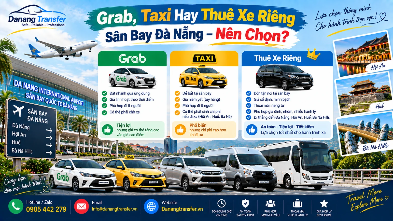 Grab Taxi hay thuê xe riêng sân bay Đà Nẵng nên chọn - so sánh dịch vụ đưa đón