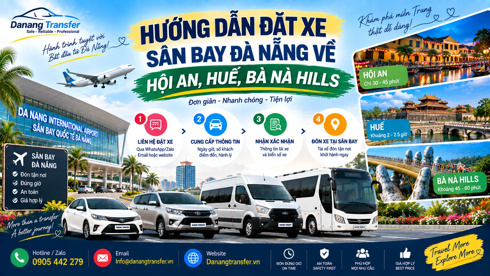 Hướng dẫn đặt xe sân bay Đà Nẵng về Hội An Huế Bà Nà Hills - Danang Transfer