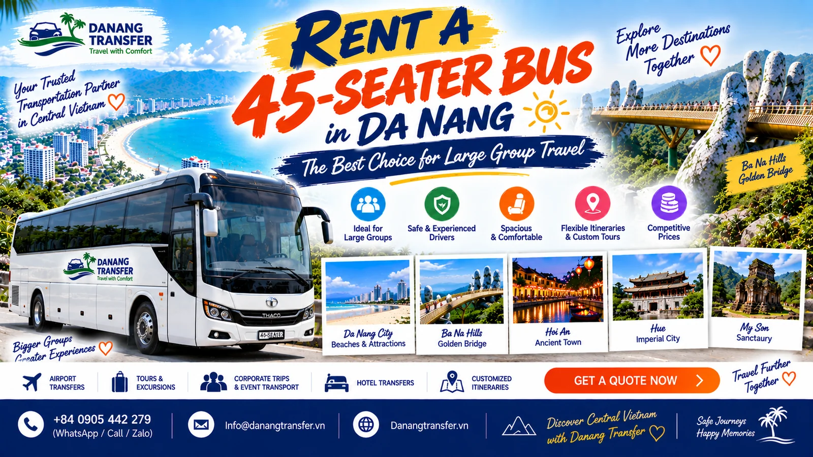 Rent a 45-seater bus in Da Nang for large group travel, tours, airport transfers and trips across Central Vietnam