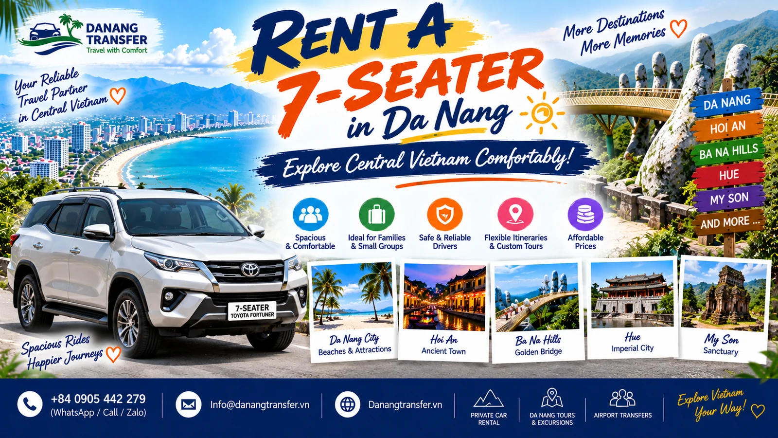 Rent a 7-seater in Da Nang with driver for comfortable trips to Hoi An, Ba Na Hills, Hue and My Son