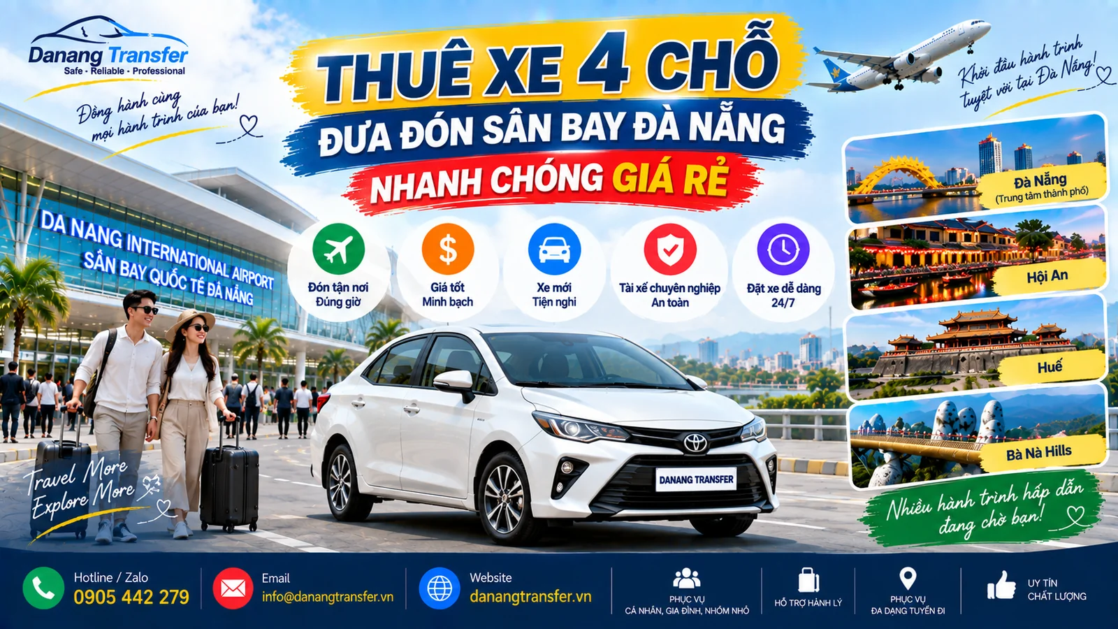 Thuê xe 4 chỗ đưa đón sân bay Đà Nẵng nhanh chóng giá rẻ - Danang Transfer
