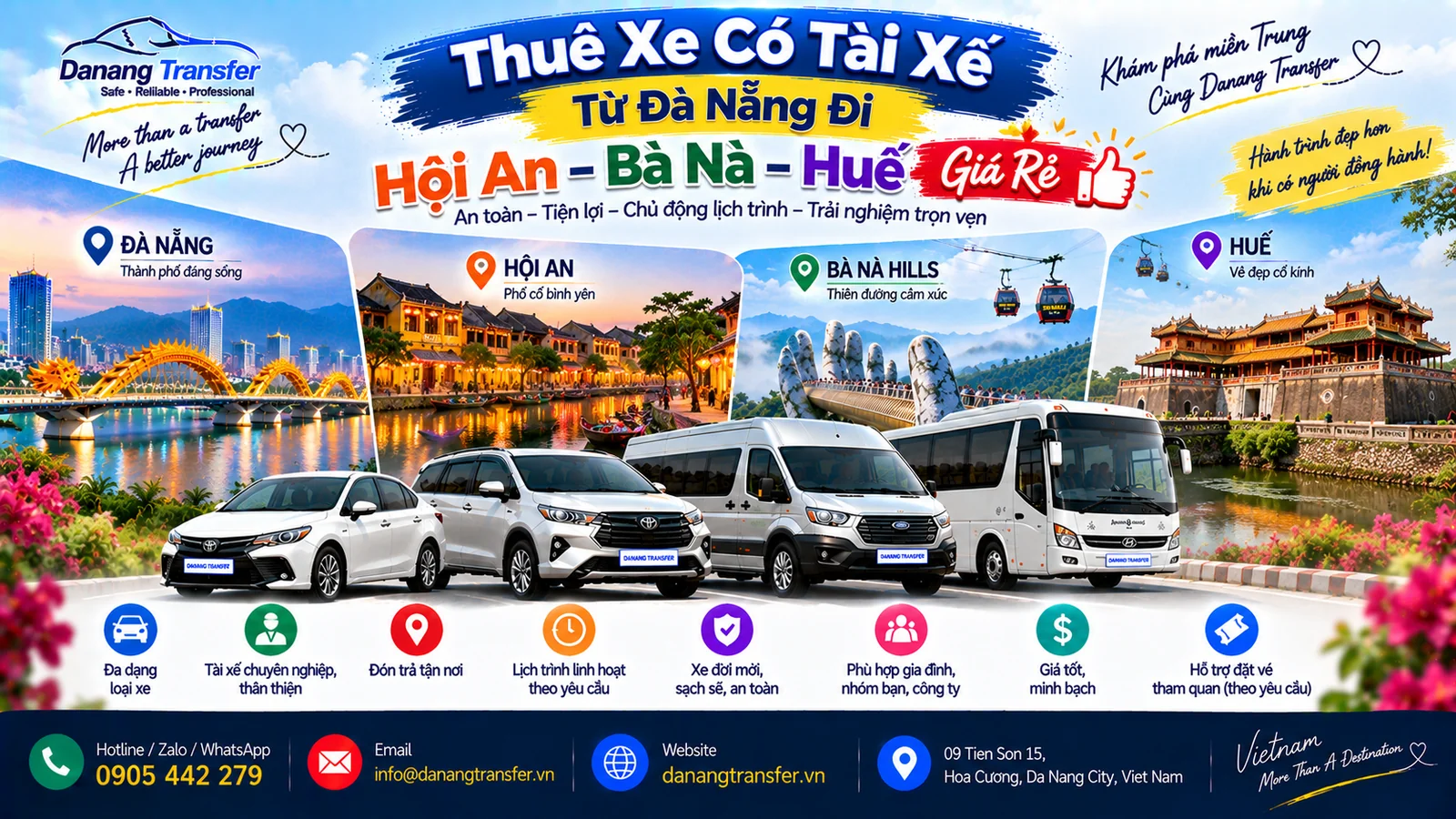 Thuê xe có tài xế từ Đà Nẵng đi Hội An Bà Nà Hills Huế giá rẻ
