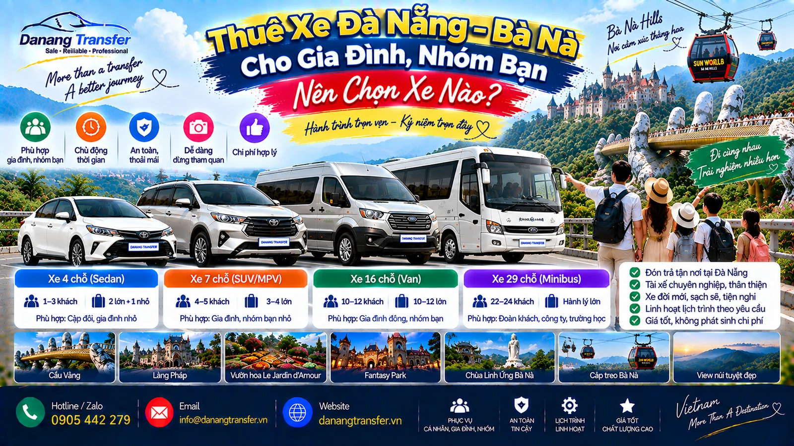 Thuê xe Đà Nẵng Bà Nà cho gia đình nhóm bạn nên chọn xe nào