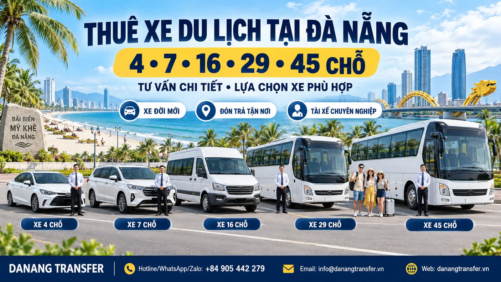 Dịch vụ thuê xe du lịch 4, 7, 16, 29 và 45 chỗ tại Đà Nẵng