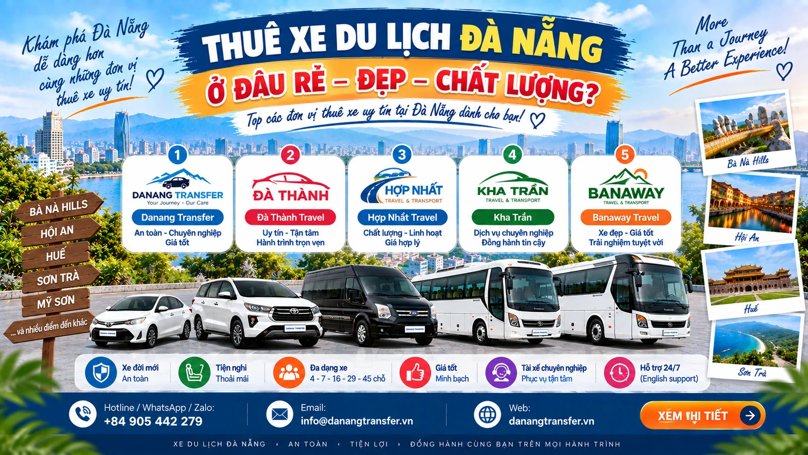 Thuê xe du lịch Đà Nẵng ở đâu rẻ, đẹp, chất lượng – Danang Transfer, Đà Thành Travel, Hợp Nhất Travel, Kha Trần và Banaway Travel