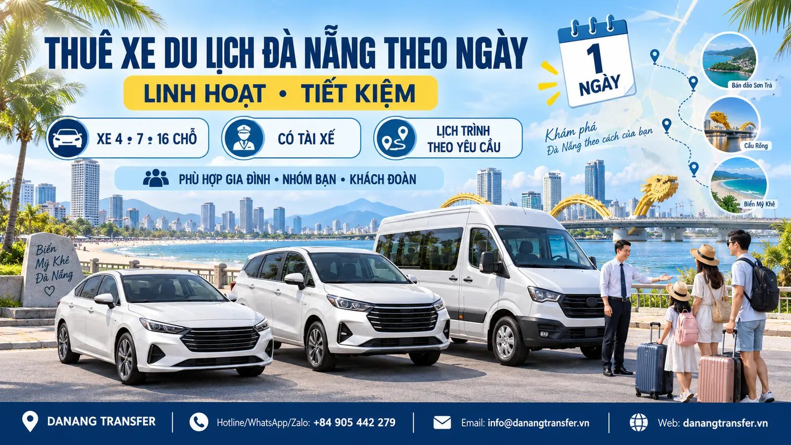 Thuê xe du lịch Đà Nẵng theo ngày với xe 4, 7 và 16 chỗ có tài xế