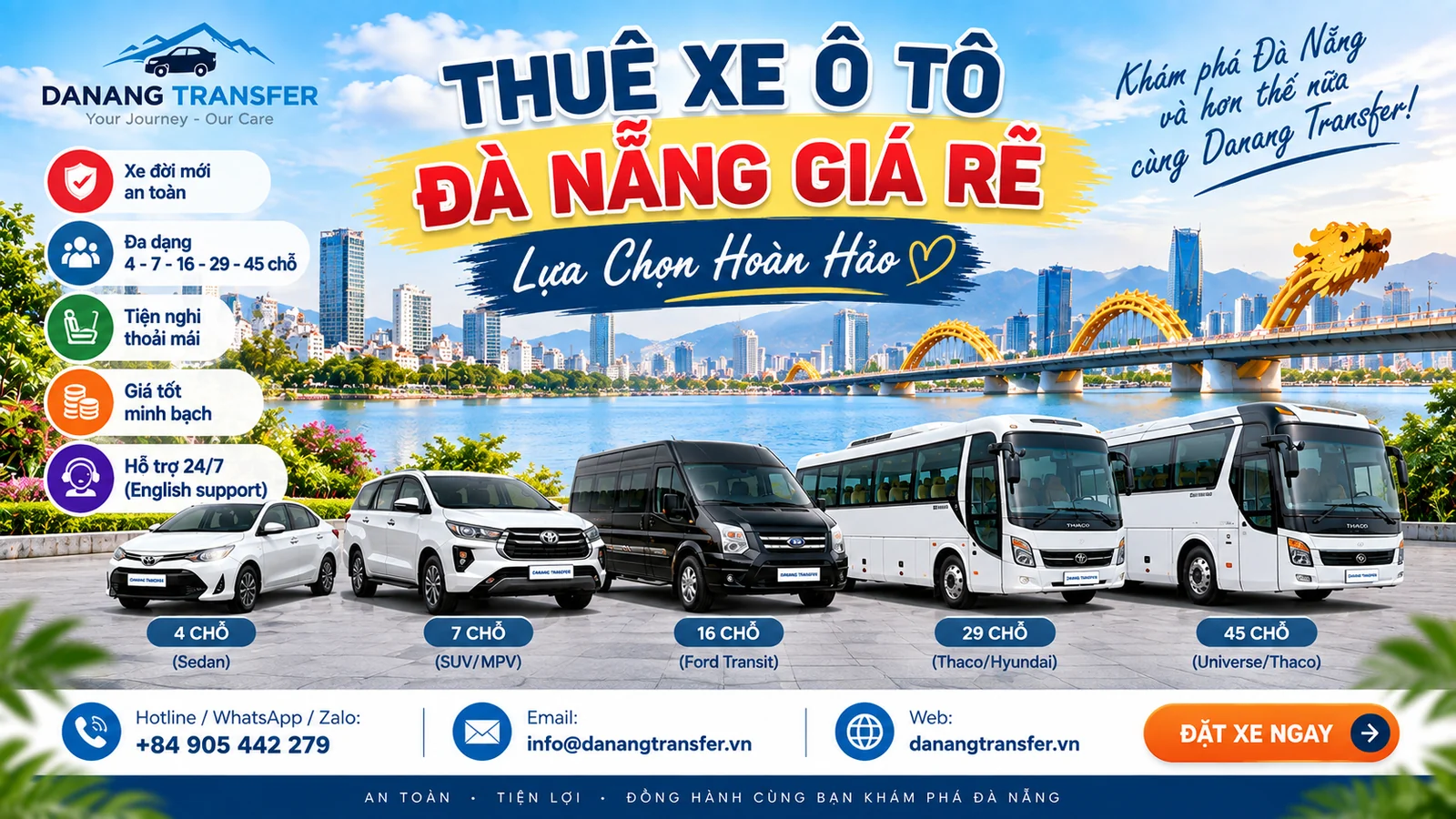 Thuê xe ô tô Đà Nẵng giá rẻ – xe đời mới, an toàn và tiện nghi | Danang Transfer