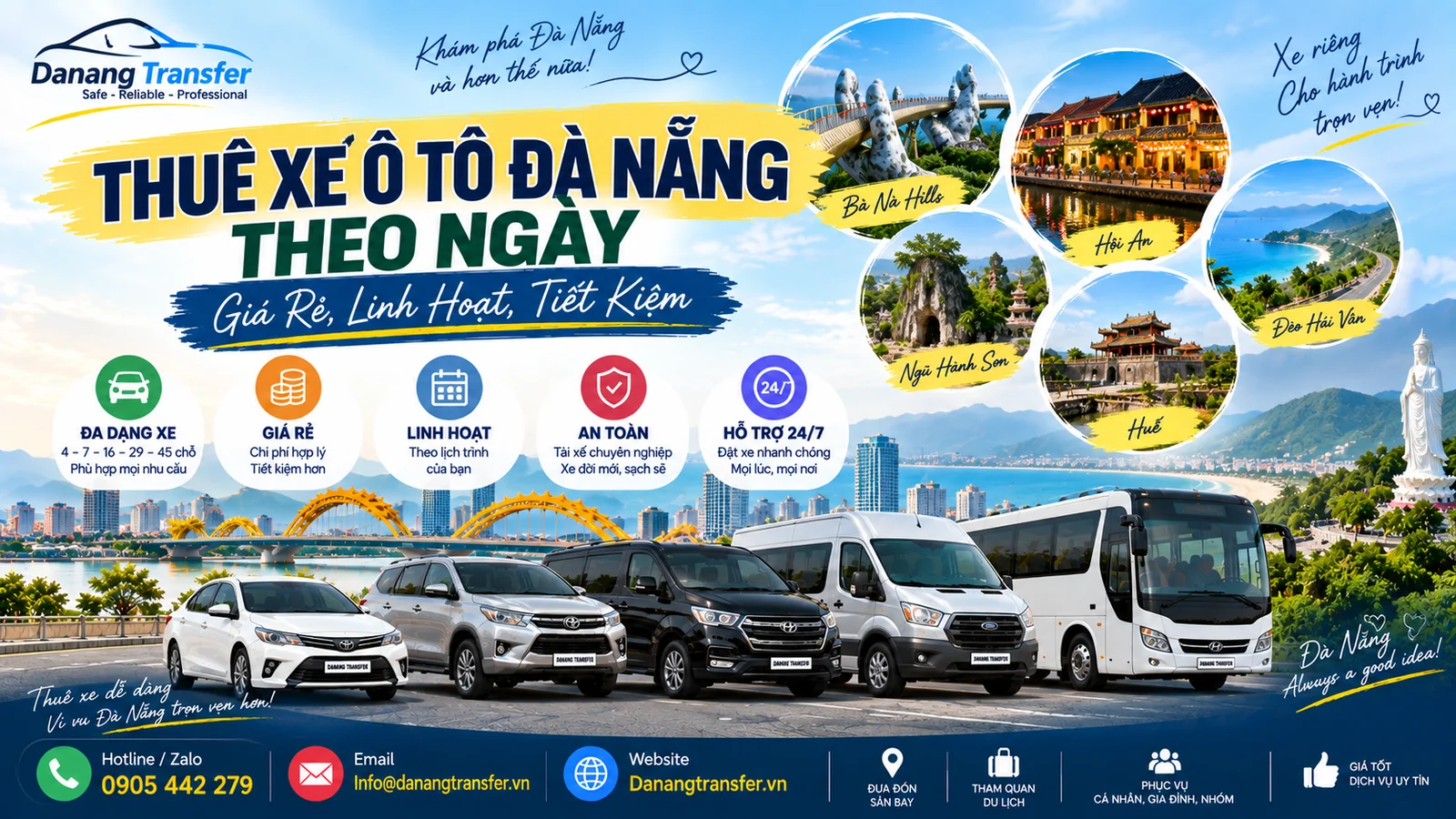 Thuê xe ô tô Đà Nẵng theo ngày giá rẻ linh hoạt tiết kiệm - Danang Transfer